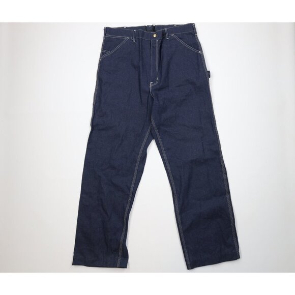 Vtg 90s Carhartt Mens 36x33 Distressed Wide Leg Dungaree Denim Jeans Blue USA - Picture 1 of 16